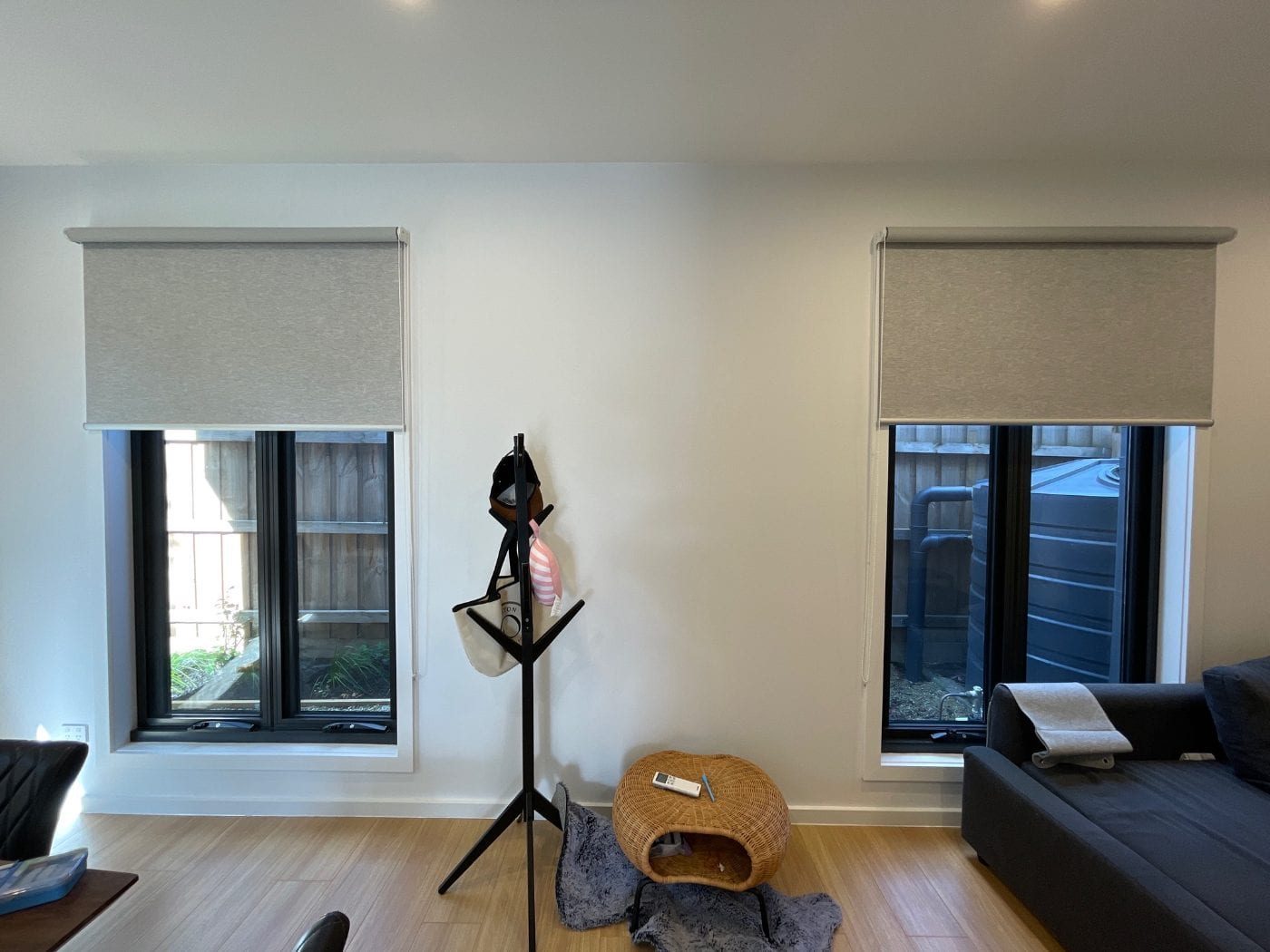 Roller blinds on floor-to-ceiling windows, Melbourne living area