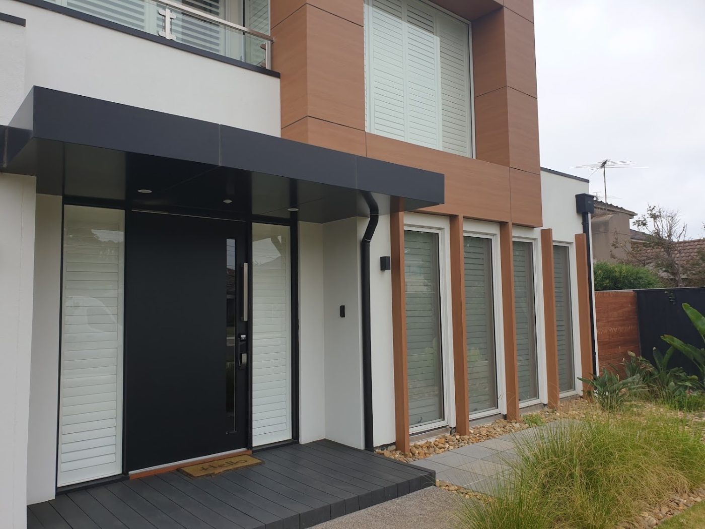 Plantation shutters installed flush to exterior window frames, Melbourne